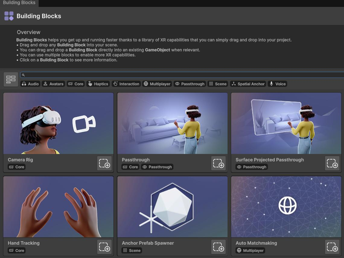 Meta XR Building Blocks panel in Unity showing Camera Rig, Passthrough, Hand Tracking and other drag-and-drop XR capabilities.