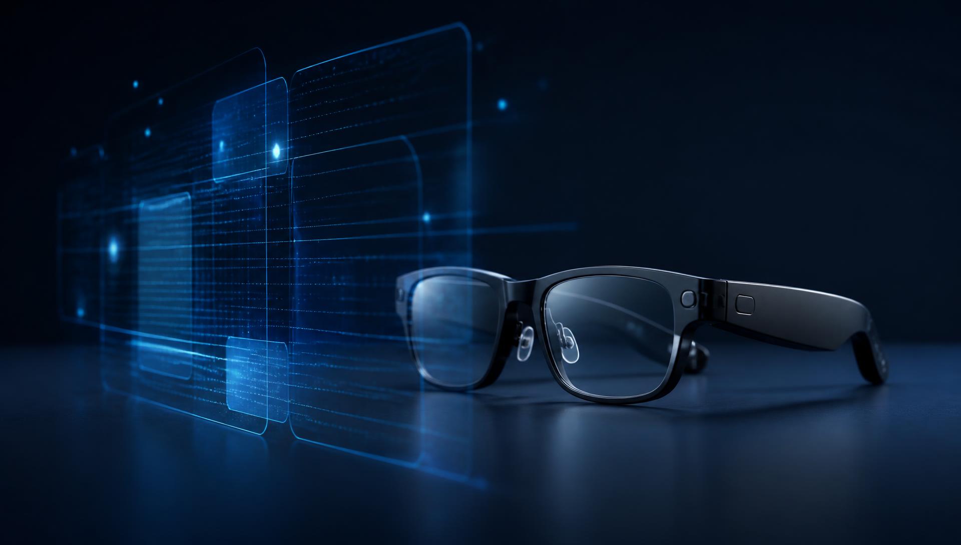 Lightweight XR display glasses on a dark navy surface with a translucent virtual screen of blue spatial UI panels floating in front of the lenses.