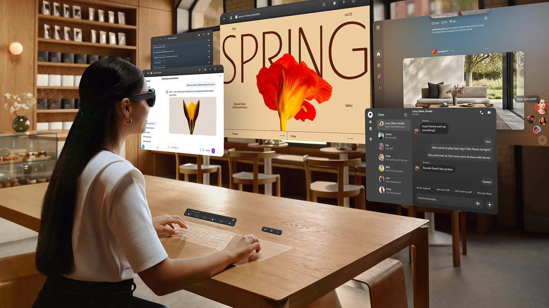 A woman wearing Meta VR Glasses working with multiple floating spatial windows in a cafe, including a browser, chats and a spatial keyboard.