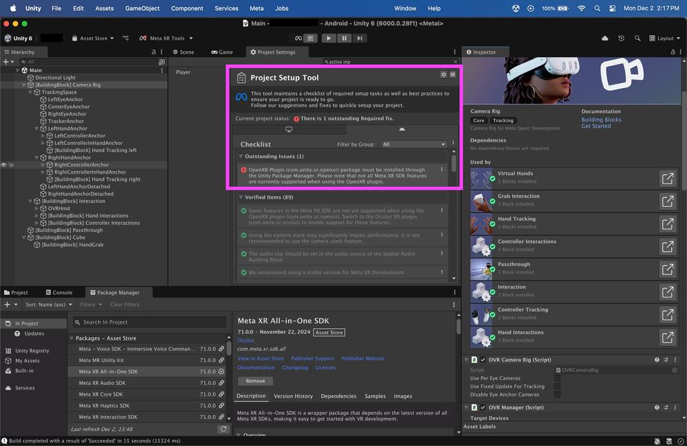 Unity Editor with Meta's Project Setup Tool checklist highlighting an outstanding OpenXR Plugin requirement, next to the Meta XR All-in-One SDK in the Package Manager.