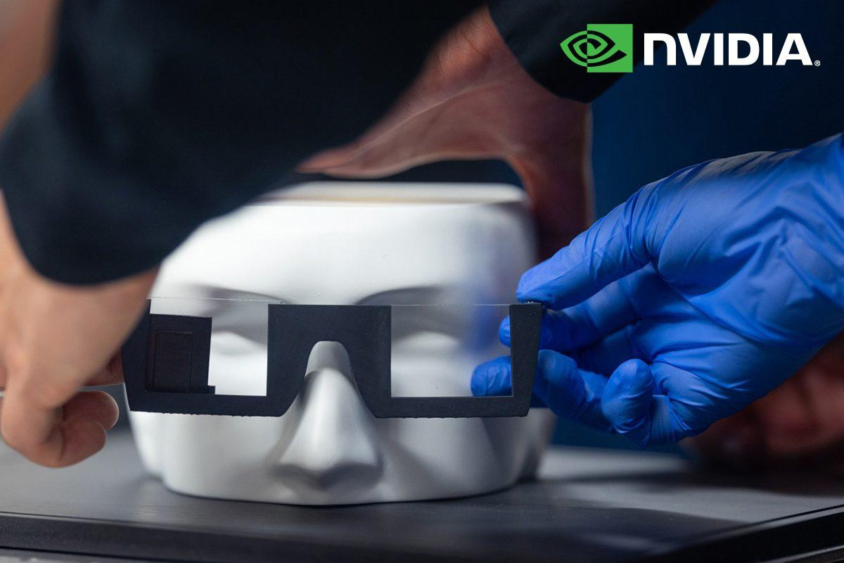 Official NVIDIA XR AI visual: engineers handling an AR glasses prototype, illustrating the platform for building multimodal AI agents on XR devices and smart glasses.
