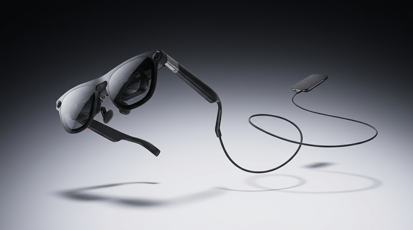 XREAL AURA spatial computing glasses with Android XR, Google Gemini, a 70-degree field of view and an external compute puck connected by a thin cable.