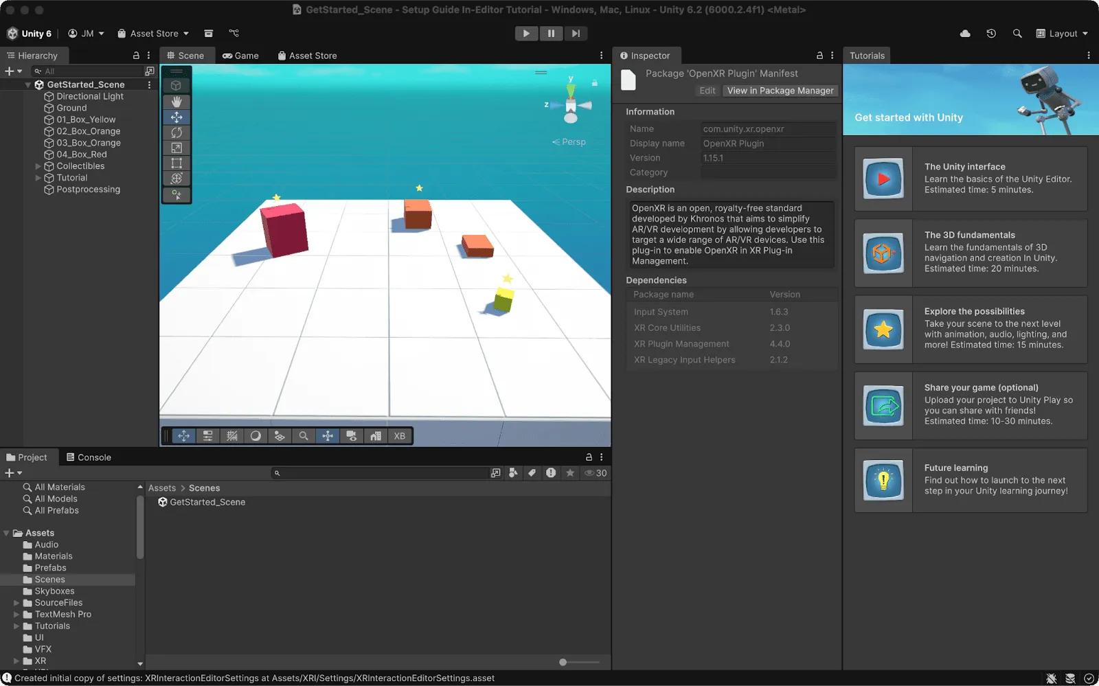 The Unity Editor with a 3D scene open and the OpenXR Plugin package manifest shown in the Inspector.