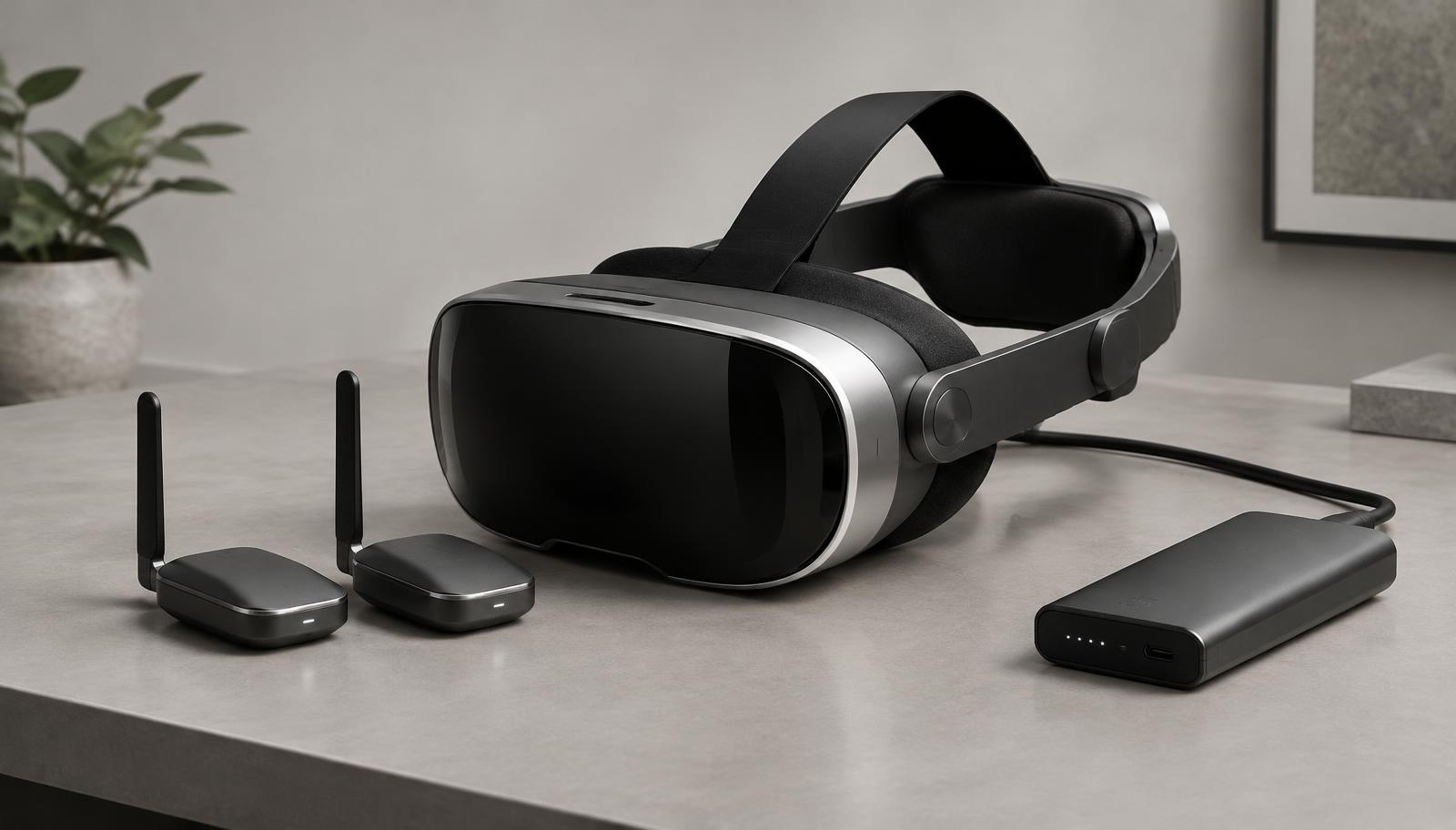 Pimax Crystal Pro wireless VR headset featuring eye-tracked Native Foveated Streaming and optional 60GHz AirLink connectivity.