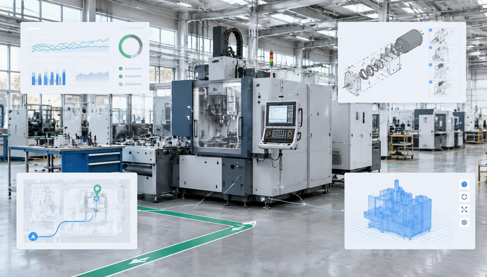 Conceptual visualization of an open spatial browser connecting multiple 3D services and digital twin information within a shared industrial environment.