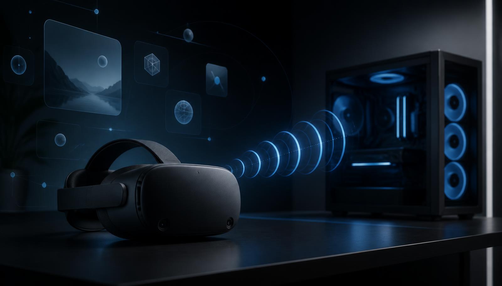 Steam Frame, Valve's new standalone VR headset with SteamOS and a dedicated wireless link for PC VR, shown on a dark desk connected to a gaming PC.