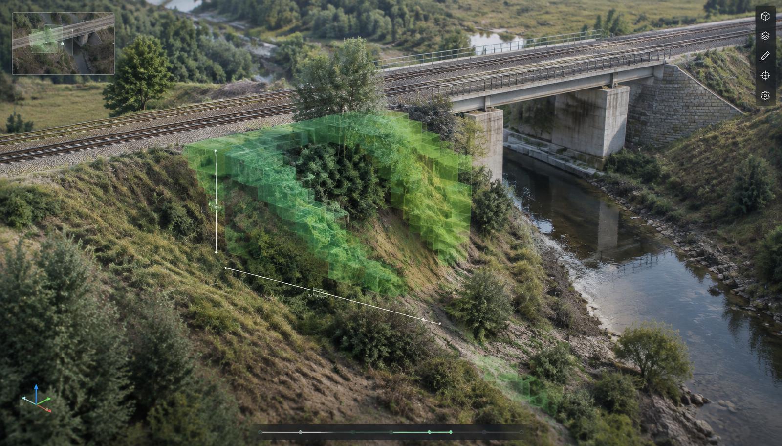 TRANCITY Nebula-style spatial analytics view showing voxel-based change detection on a reconstructed 3D railway embankment.